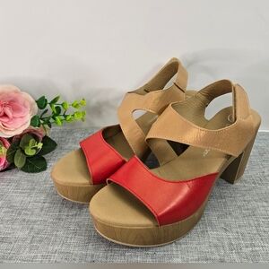 Unity In Diversity Platform Heels Sandals Women's SIZE 38 EU 8 US Red Gold Spain